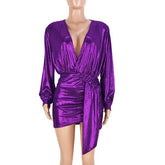 Metallic plunge party dress Lantern sleeve wrap dresses v neck sashes summer dress Back ruched irregular mini vestido